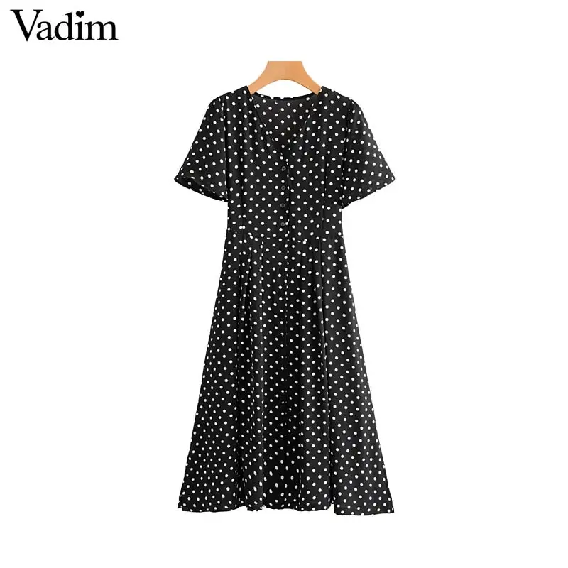 

Vadim women chiffon polka dots print V neck midi dress flare sleeve sashes split design female elegant casual dresses QB985
