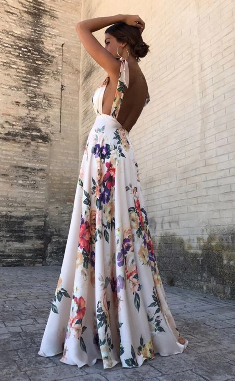 Moda 2018 verano mujeres Backless vestido Spaghetti Strap Long Sexy Sundress Boho Deep cuello pico Floral imprimir vestidos de playa|Vestidos| -