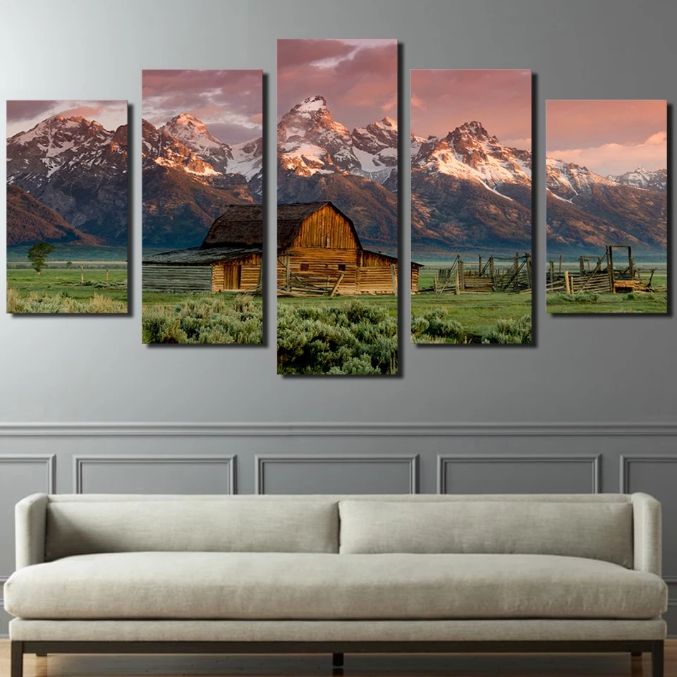 

Modular Canvas Wall Art Pictures Frame 5 Pieces Barn Rocky Mountains Painting HD Prints Cabin Landscape Poster Living Room Decor