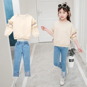 

Children Girl Clothes Kid Autumn Solid Sweatshirt and Jeans Blue Pants Teen Girls Clothing Set Korean Cotton Kids Clothes 4-14T