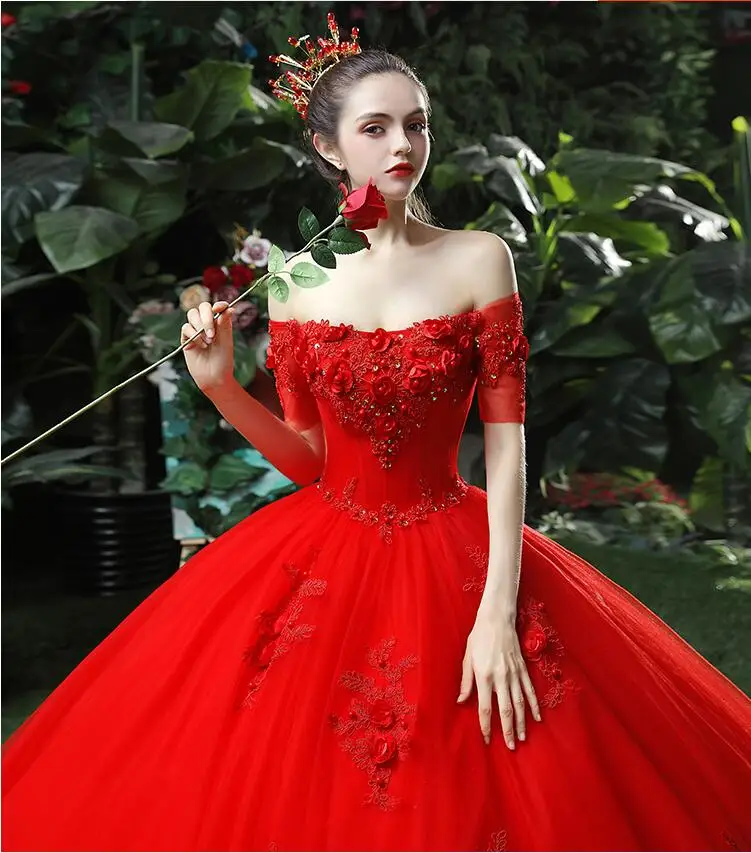 Luxury Arabic Red Wedding Dresses Beaded Ruffles Lace Appliques Bridal Gown Floor Length Bridal Dresses Vintage Bride Gown