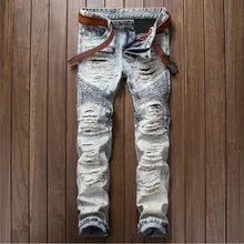 Высококачественные дизайнерские модные мужские байкерские джинсы тонкие рваные прямые джинсы с дырками мужские Эластичные Обтягивающие мужские джинсы для езды на мотоцикле