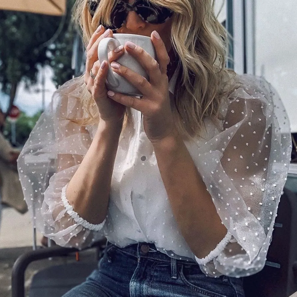 

2019 Women Turn-Down Collar Transparent Mesh Shirt Polka Dot Lantern Sleeve Sexy Blouse Solid Summer Shirts