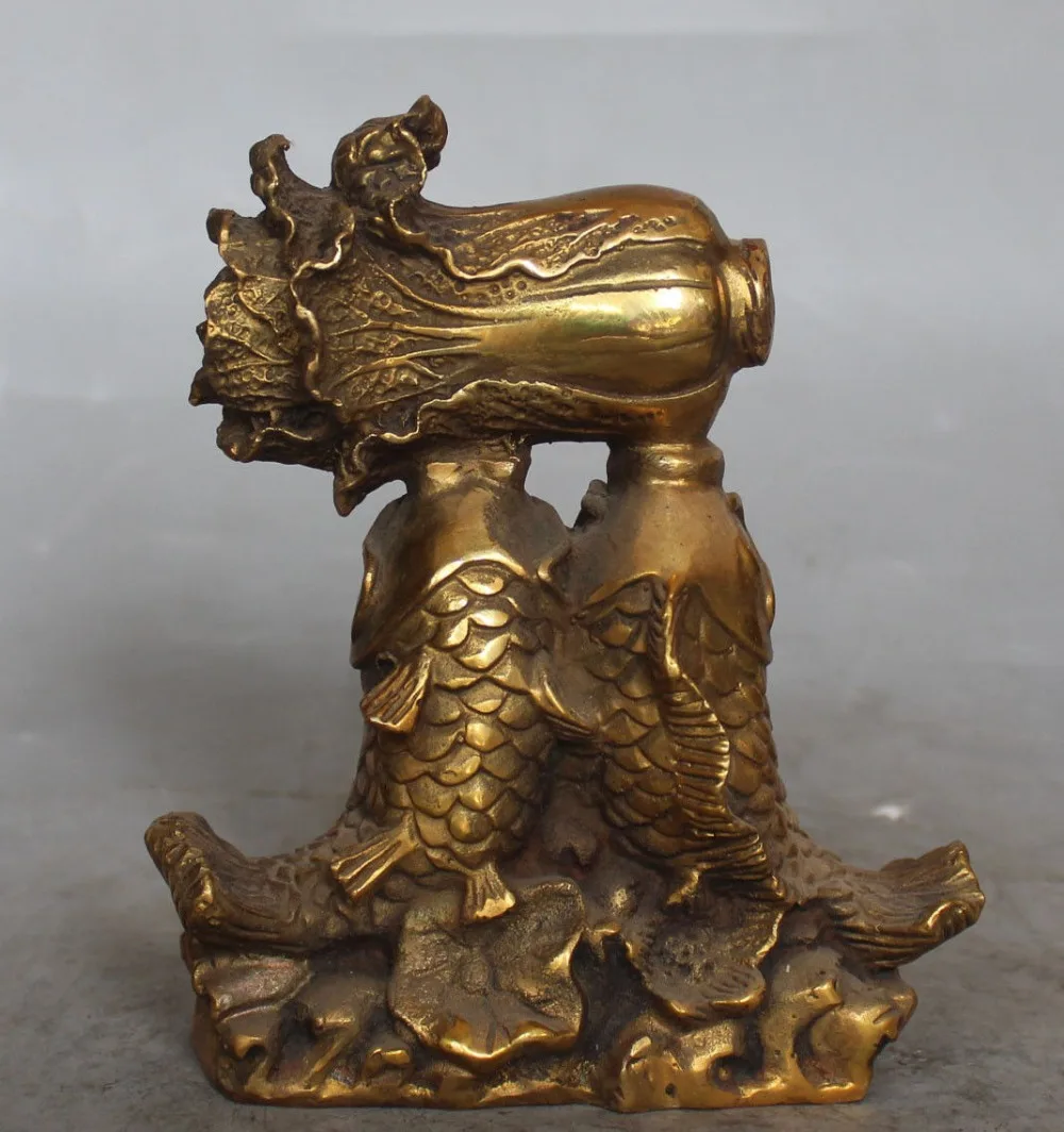 

zhaorui6617++6" Chinese Bronze Auspicious Riches Honour Animal Double Fish Cabbage Statue