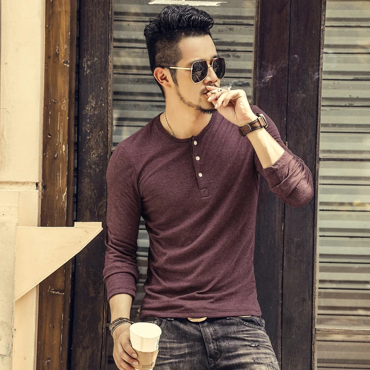 New Fashion Men Tee Long Sleeve Henley Shirts Military Casual T-shirt Top men Clothes lycra cotton