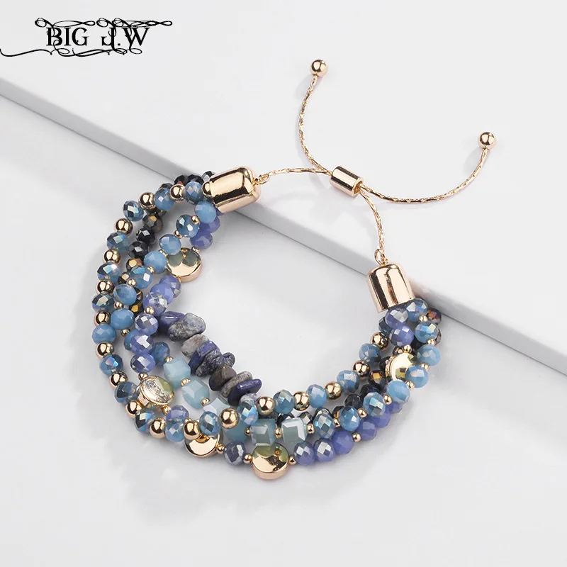 

BIG J.W FOUR-TONE Multi Layered Crystal Natural Stone Beaded Charm Bracelet Handmade Stacked Adjustable Bracelets for Women