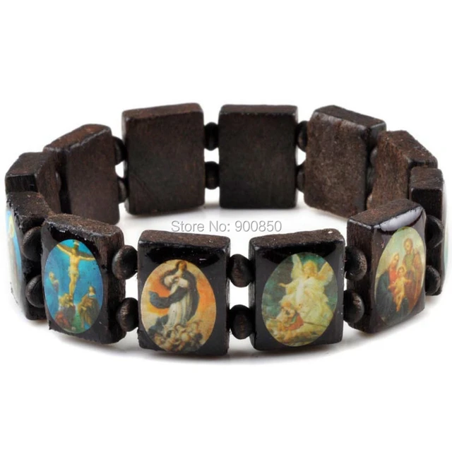 Saints Jesus Religious Wood Catholic Icon Bracelets Unisex Fashion Wood  Bracelet Paryer Charm Jewelry 7 Colors