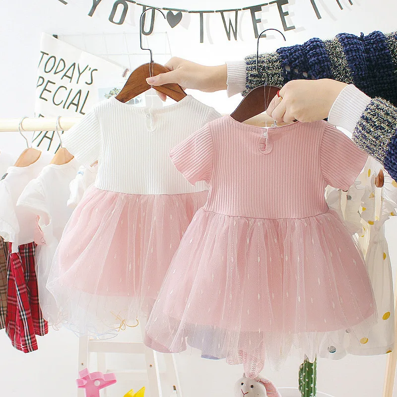 Высокое качество; коллекция года; летние платья для девочек с круглым вырезом, короткими рукавами и поясом; хлопковое Сетчатое платье принцессы с цветочным узором для новорожденных; одежда для маленьких девочек