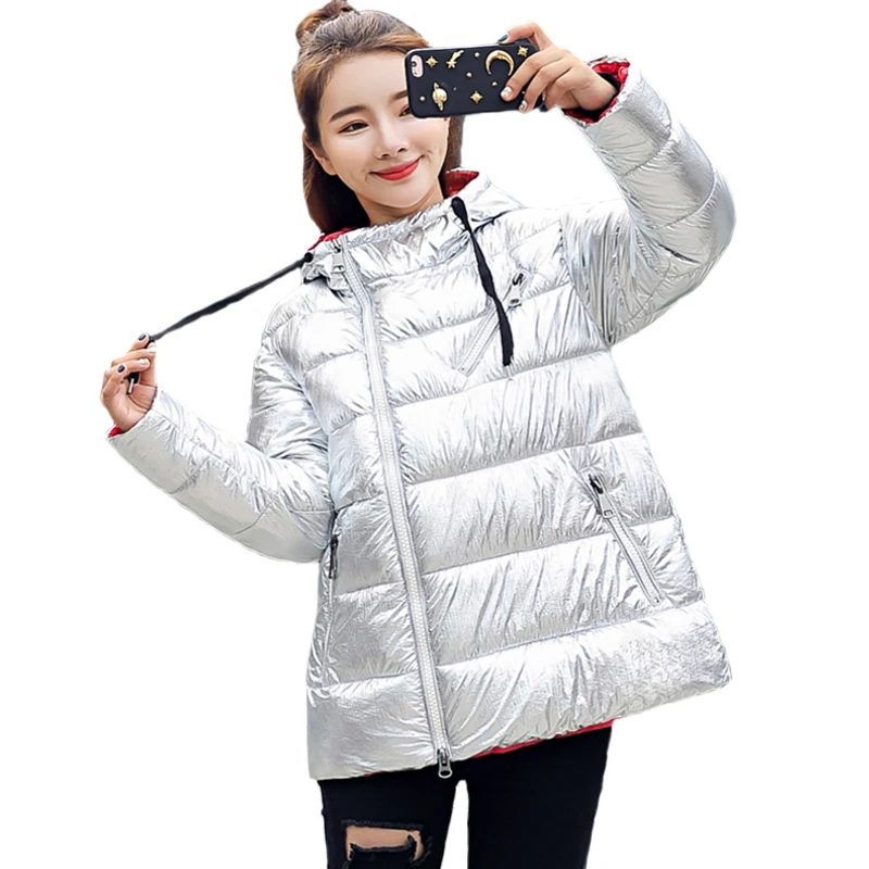

Ladies Bling Silver varnished down jacket Hooded Womens Winter Basic Bomber Jacket Long Sleeve Parkas Coats Plus Size Outerwear