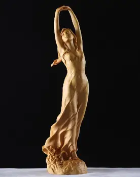 

9.2" Chinese Boxwood Wood Hand Carved Sexy Beauty Belle Girl Young Woman Statue