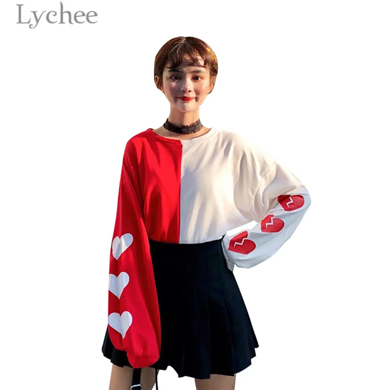

Lychee Harajuku Heart Print Patchwork Women Sweatshirt Long Sleeve O-neck Crop Top Autumn Casual Loose Streetwear Tracksuit