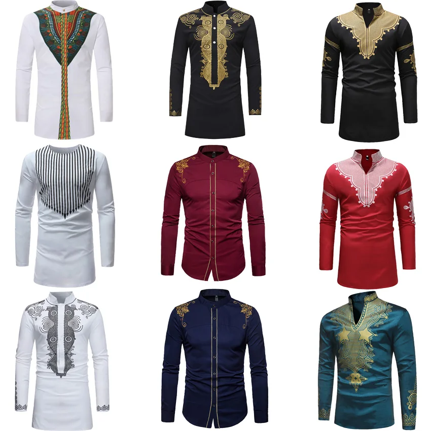 

African Dresses for Men 3D Dashiki Print Full Sleeve Shirt Bazin V-neck T-shirt Male Traditional Ethnic Tribe Style Tops Outfit