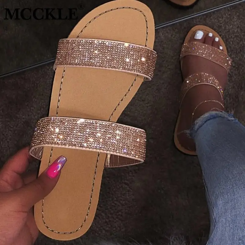 

MCCKLE Women Flat Slippers Bling Crystal Strap Soft Slides Transperant Female Flip Flops Outdoor Beach Shoes Ladies Plus Size