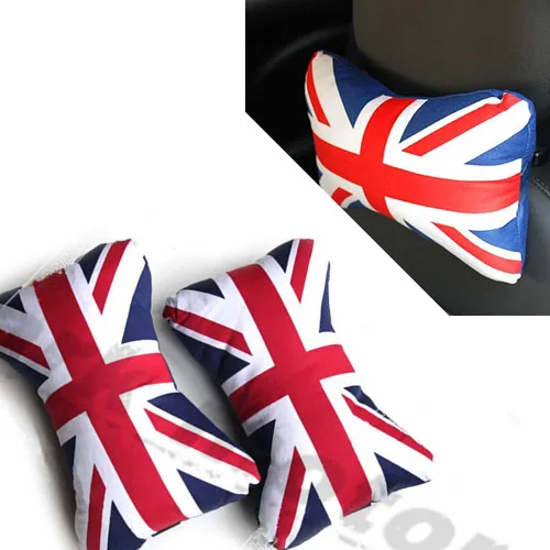 PAIR BLUE RED UK FLAG UNION JACK HEAD REST CUSHION NECK PILLOW FOR MINI