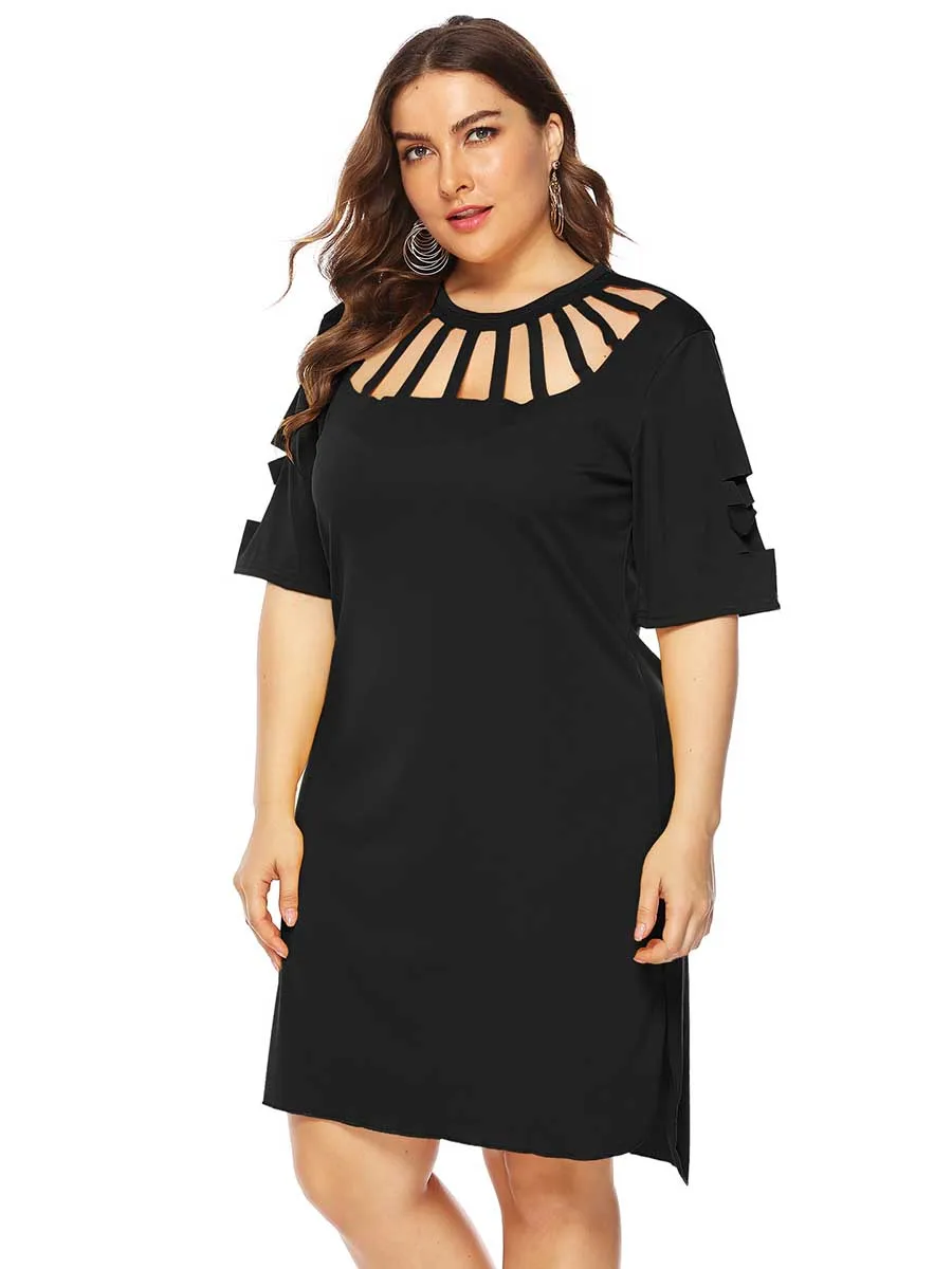 oversized dress Women Plus Size Solid Color Hollow Loose Split Sexy Dress summer ladies solid color knee length shift dresses - Цвет: Black