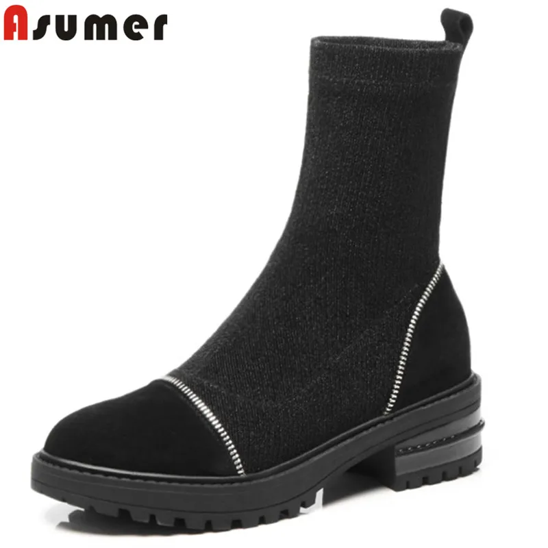 

ASUMER black fashion autumn winter boots round toe med heels ankle boots for women stretch fabric+cow leather boots ladies shoes