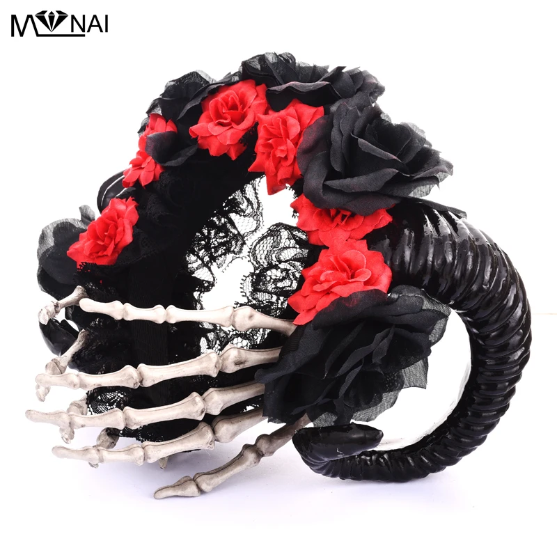 

Steampunk Horn Flowers Headband Fancy Halloween Hand Skeleton Hair Band Party Photography Hair Accessories Goth