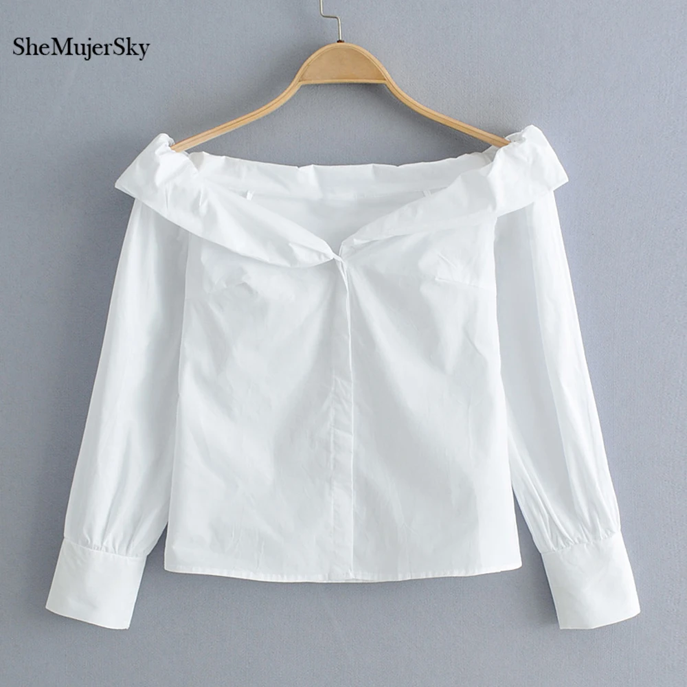 

SheMujerSKY White Off Shoulder Women Blouses Spaghetti Strap Long Sleeve Shirts 2019 camicia donna Tops