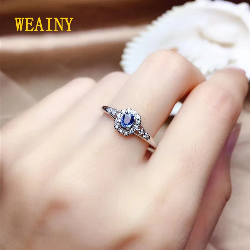 Weainy Genuine Natural Sri Lanka Sapphire S925 Sterling Silver Ring