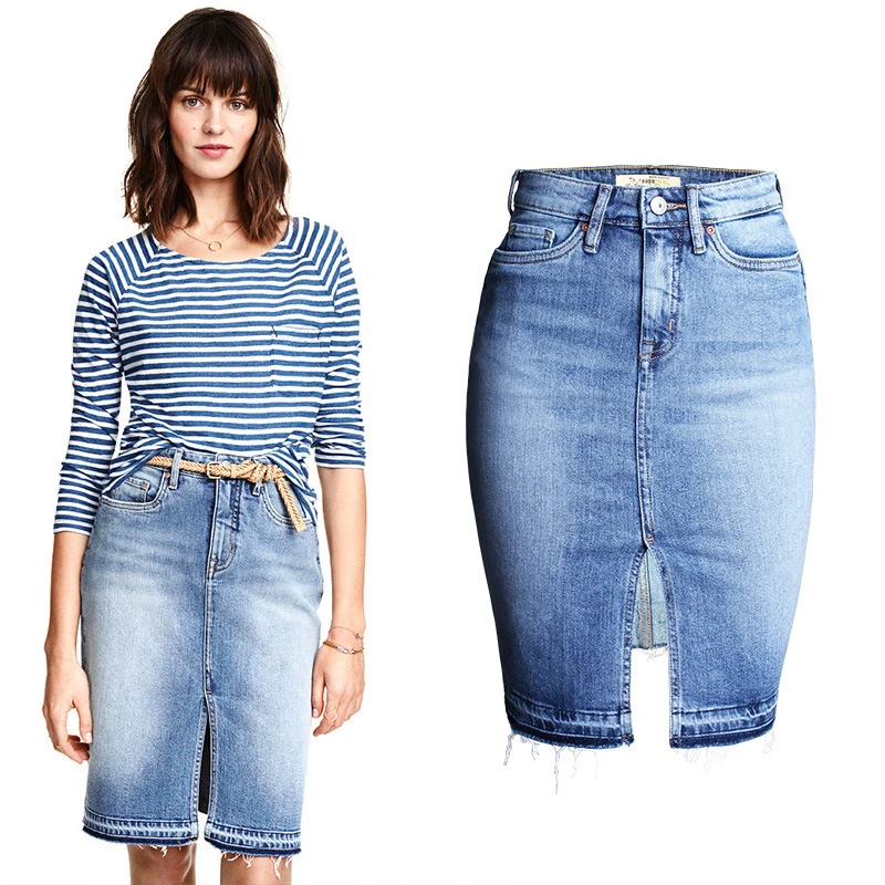 

KENNTRICE Skirt Womens Casual Blue Denim Skirt Knee Length High Waist Vintage Slit Skirt Ladies High Quality