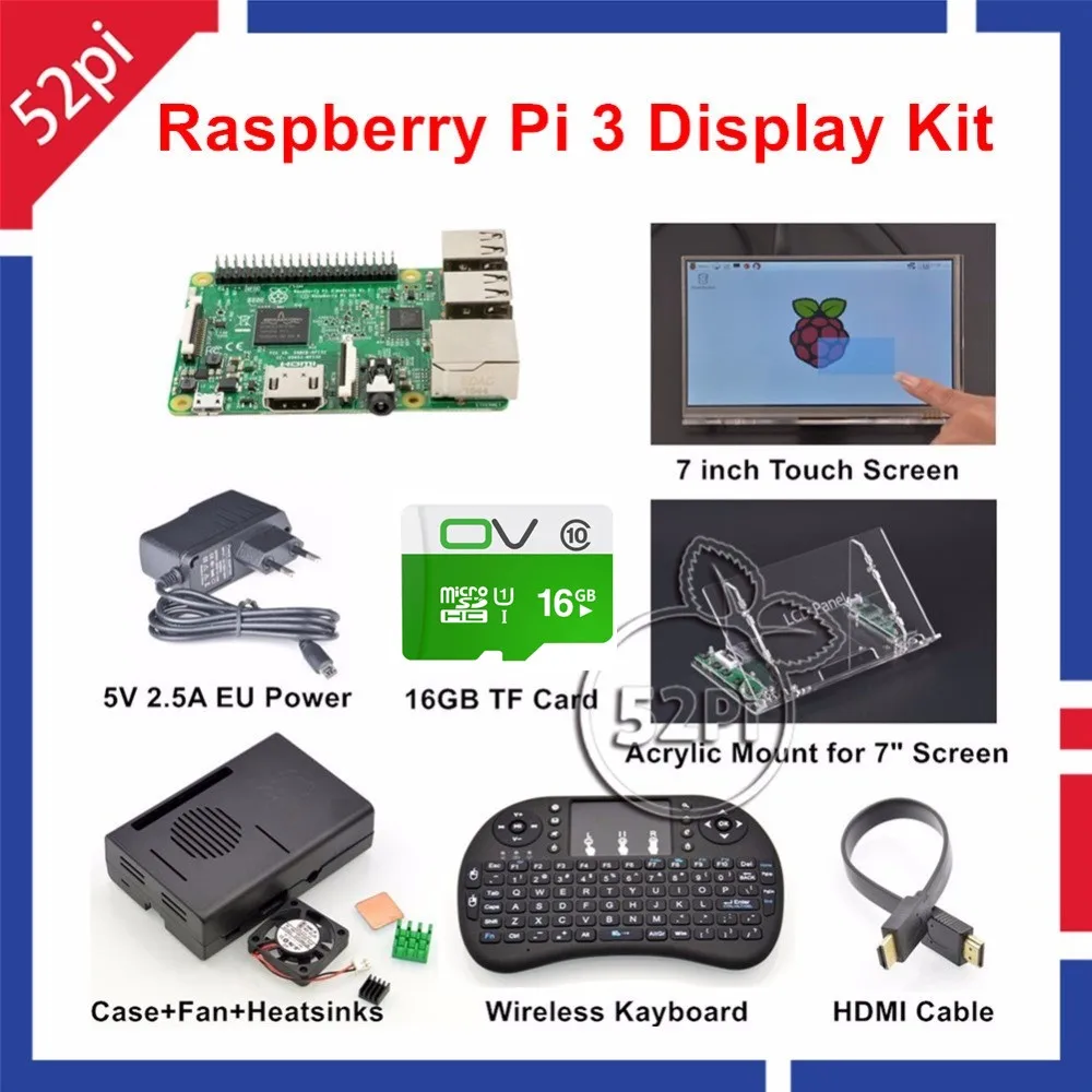

52Pi Raspberry Pi 3 Starter Kit with 7'' Touch Screen+Acrylic Mount+Heat Sinks+16GB SD Card+Case+Fan+5V 2.5A US/EU/UK/AU Power