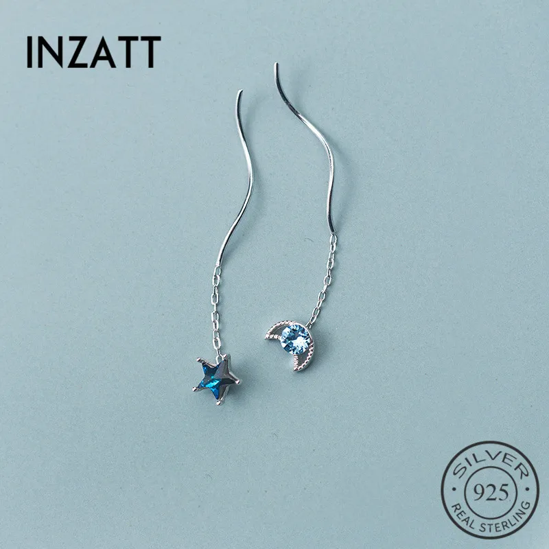 

INZATT Real 925 Sterling Silver Blue Zircon Star Moon Short Tassel Dangle Drop Earrings For Elegant Women Fashion Jewelry Gift