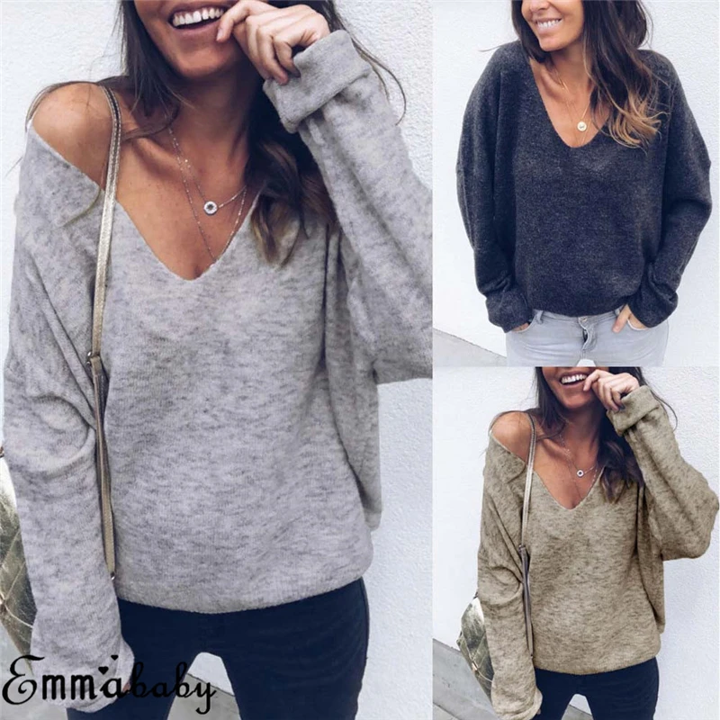 

Off Shoulder V Neck Sweaters Women 2018 Autumn New Back Bow Long Sleeve Pullover Sexy Slim Crop Tops Solid Streetwear