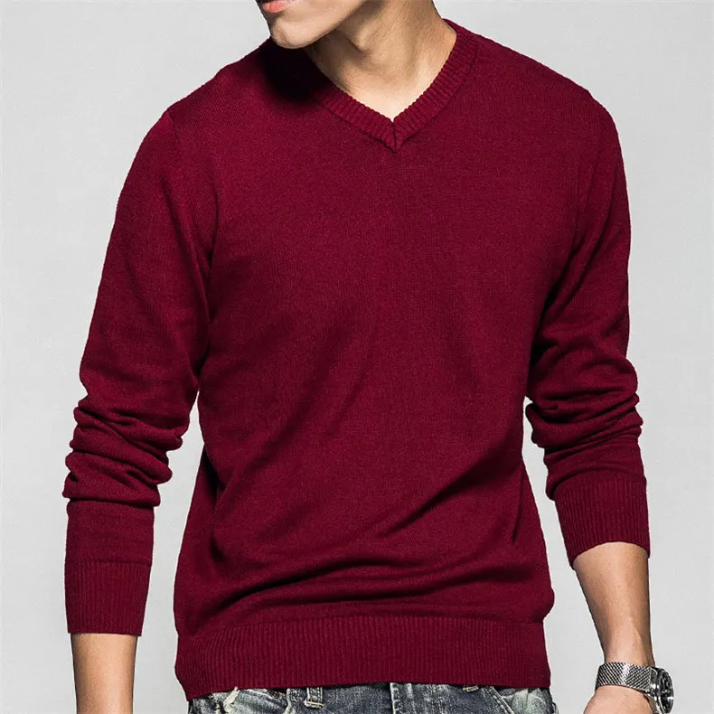 2018 V Neck Mens Sweater Pullovers Basic Pattern Cotton knitted Christmas Sweater Jumpers Male Knitwear Red Black White Yellow-02