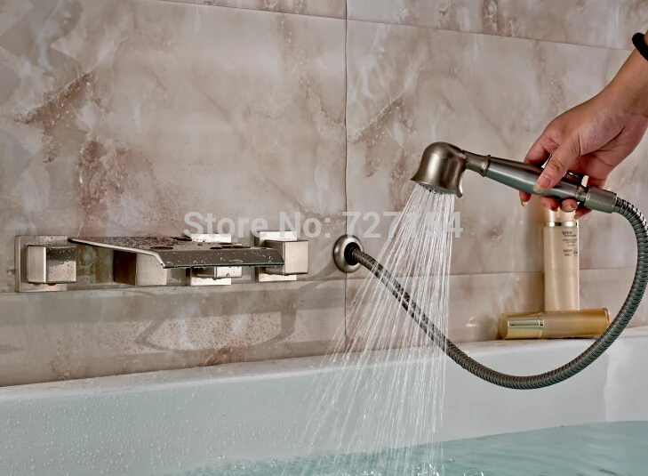 

Free Shipping! Wall Mounted Waterfall 5 PCS Bathtub Faucet 3 Handles Shower Mixer Nickel Brush