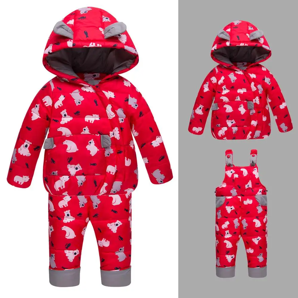 New kids down bear printed suits Children's duck down Outerwear&Coats with cap+Bib pants 2pcs boys girls winter warm set