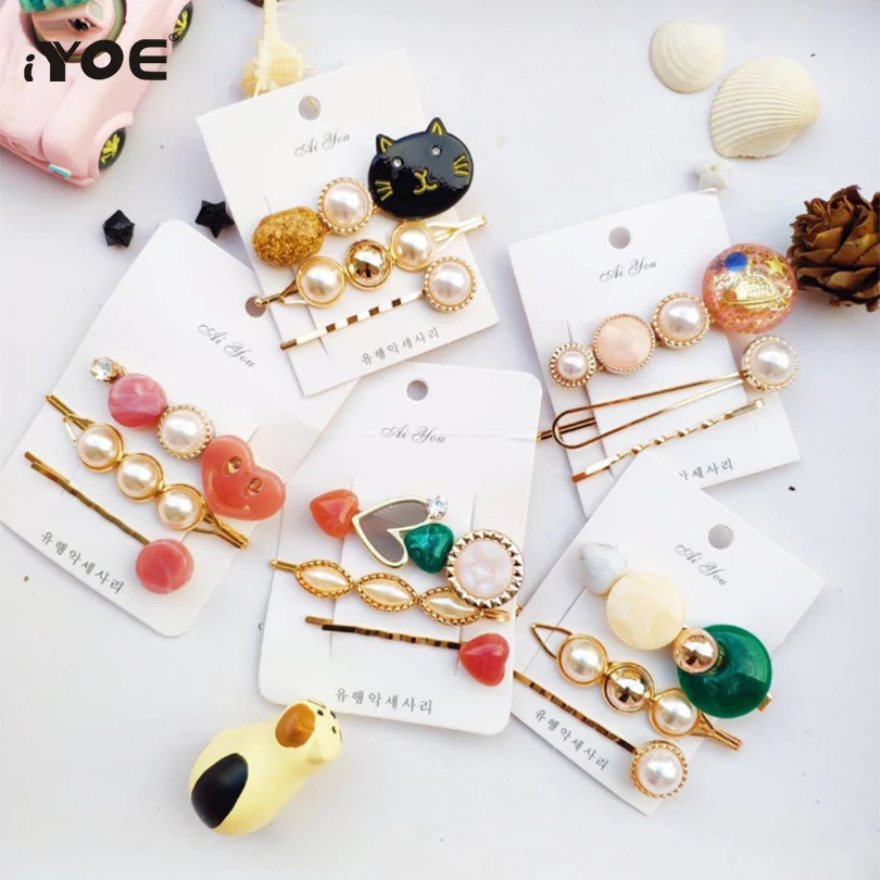 

3 Pcs/Set Summer Heart Round Resin Hair Pins Hair Clips For Women Smile Face Cat Star Hairgrip Pearl Acrylic Hair Accessories