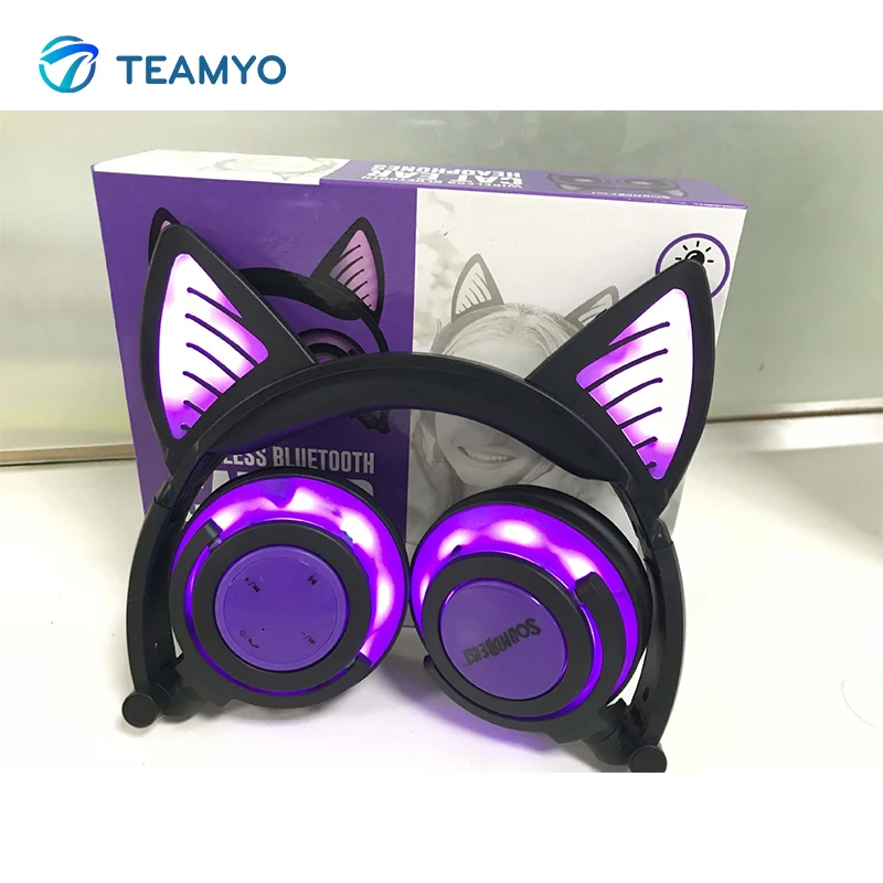 

Teamyo Wireless Headphone Glowing With cat ears headphones Flashing Wireless Bluetooth Headset with microphone For PC Computer