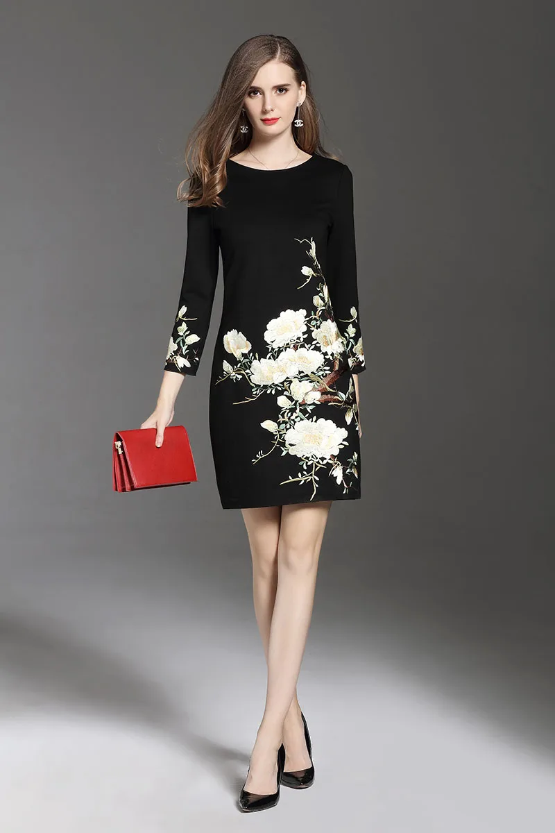 Высокое качество, черное платье для женщин, осень и зима, o-образный вырез, вышивка, тонкая леди, а-силуэт, цветочный рисунок, размера плюс, повседневные платья, M-4XL