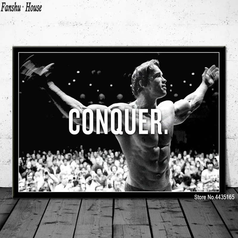 

CONQUER Arnold Schwarzenegger Art Poster Bodybuilding Motivational Quote Posters and Prints Canvas Painting Wall art Decoration
