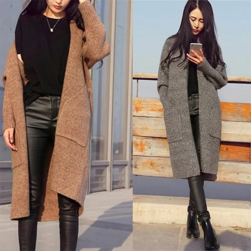 2018 Autumn Women Open Stitch Pocket Decoration Fashion Thick Casual Long Keep Warm Loose Knit Sweater Puff Sleeve Cardigan Coat