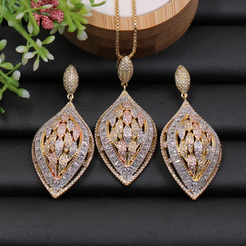 

Lanyika Jewelry Set Super Luxury Elegant Olive Shape Cubic Zircon Micro Paved Necklace with Earrings for Engagement Trendy Gifts