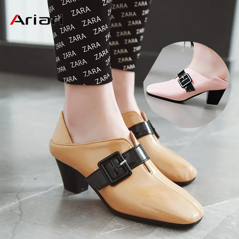 

women thick high heel pumps patent leather dress shoes black work shoes buckle strap party spring ladies heels Loafers big size