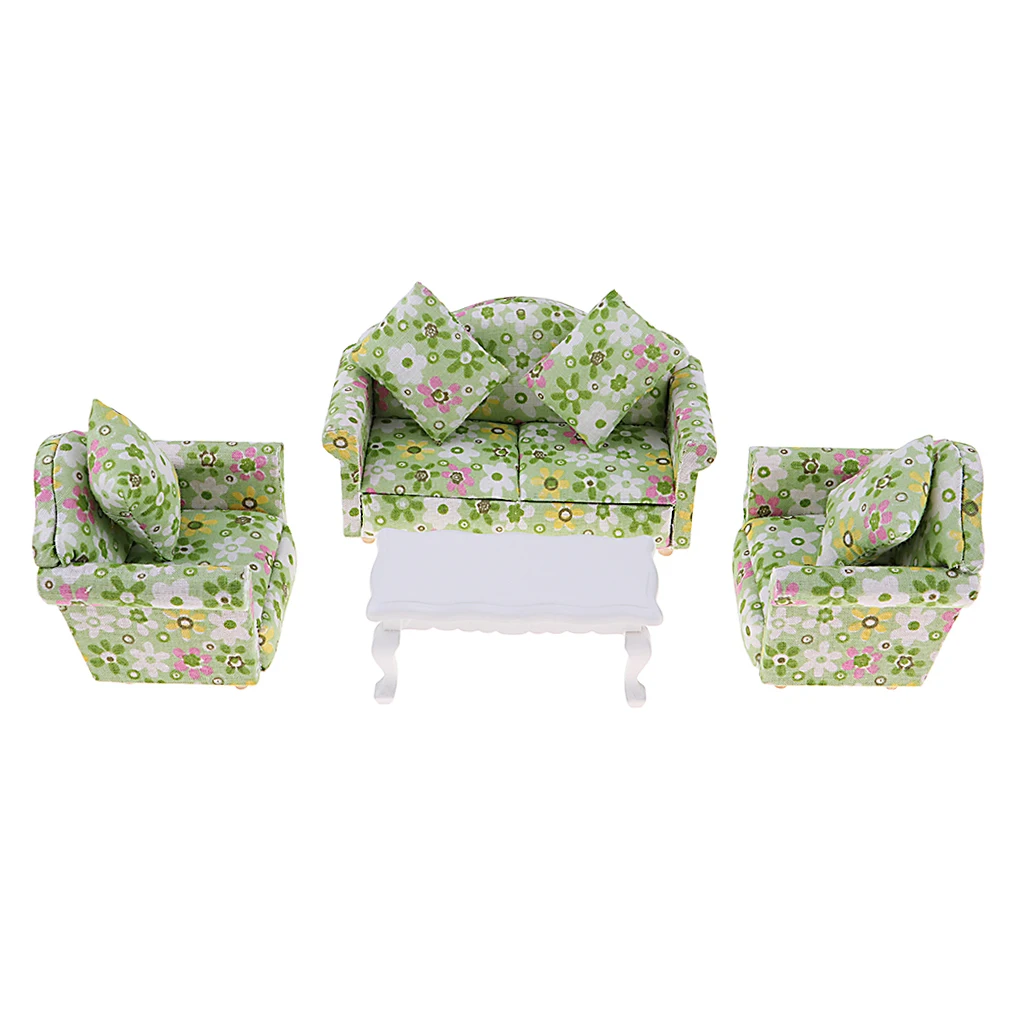 8pcs 1/12 Scale Dollhouse Miniatures Living Room Furniture Floral Single Double Sofa Chair Tea Table Green