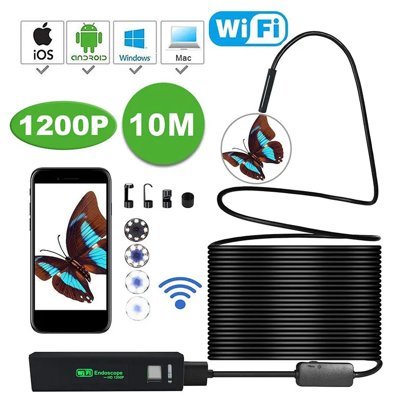 

1/2/3.5/5/10M WIFI 8mm Endoscope Camera Mini Waterproof Soft Cable 2 Million Pixels 1200P Resolution Adjustable for Smartphone