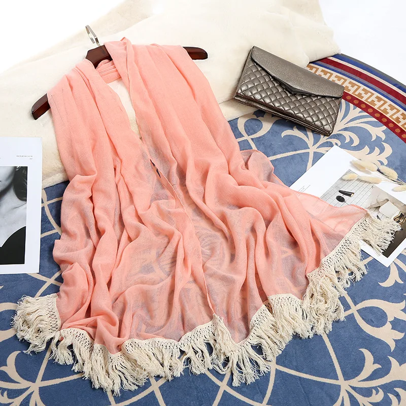 

2019 Fashion Newest Women Plain Color Cotton Lace Tassel Scarf 10pcs/lot
