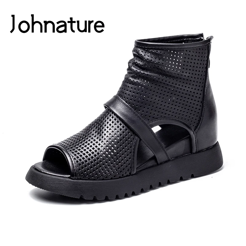 

Johnature 2019 New Summer Genuine Leather Casual Gladiator Retro Zipper Cover Heel Rome Sandals Platform Women Shoes