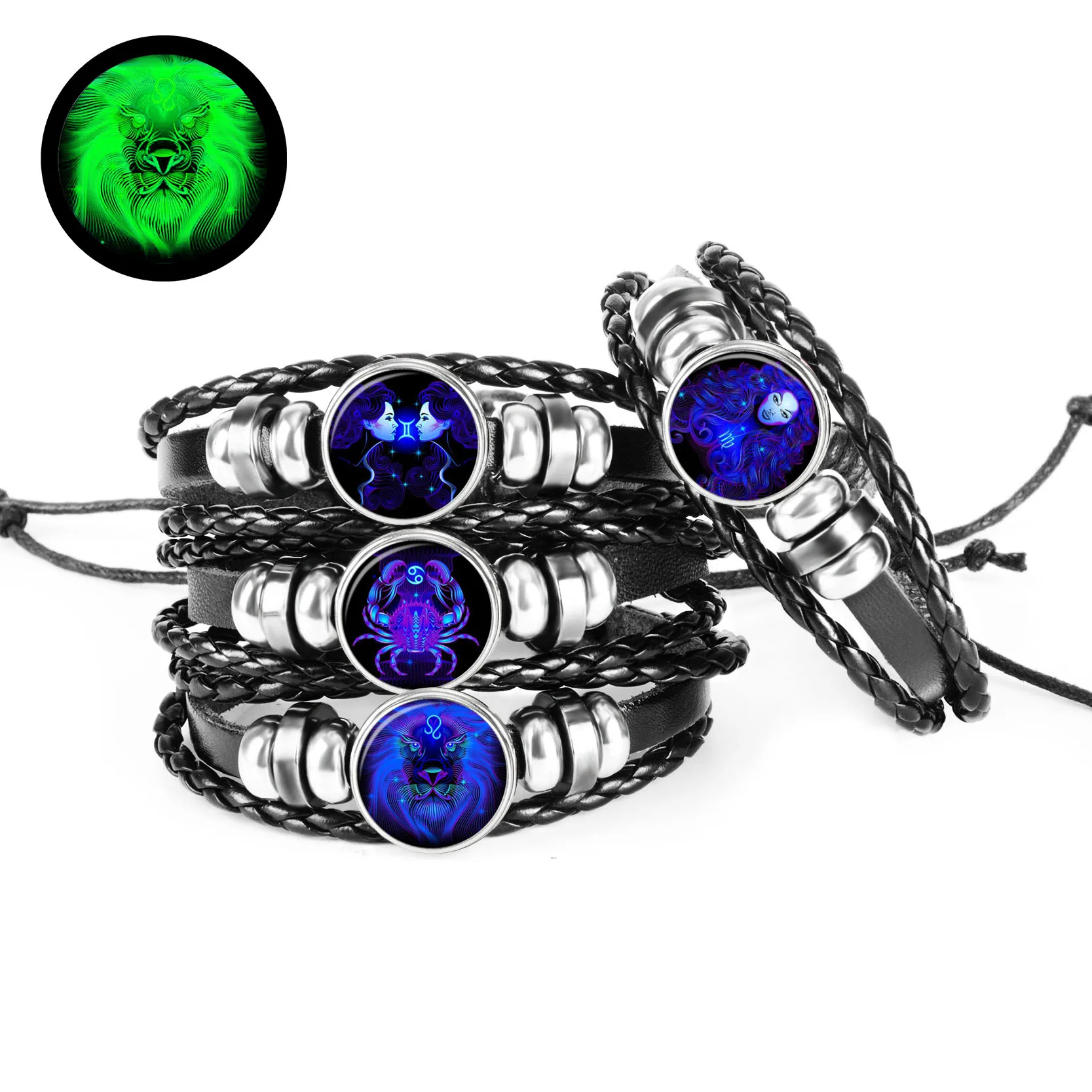 

12 Constellation Luminous Leather Bracelet Charm Woven Bracelets for Men Women Fashion Jewelry Accessories Gifts Dropshipping