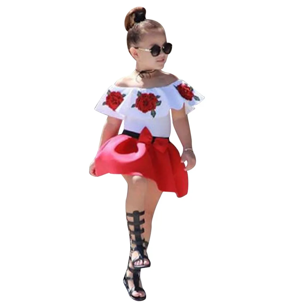 

Children sleeveless one-word shoulder rose embroidery blouse + pure bow skirt Two-piece sleeve #Zer