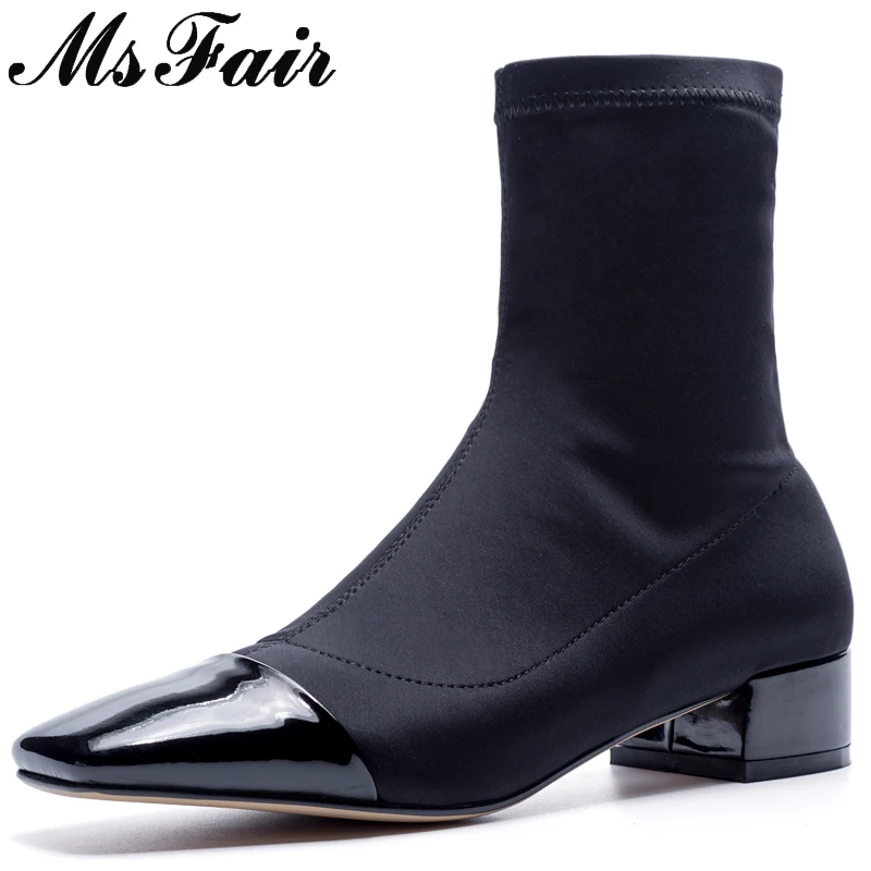 

MSFAIR Square Toe Med Heel Women Boots Fashion Mature Concise Square heel Mid-Calf Boots Women Shoes Slip-On Boots Women