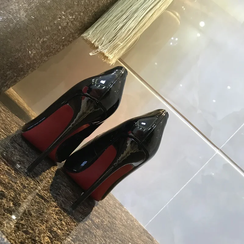 

2019 new 12cm high heels Stiletto pointed patent leather black red shoes XL wedding brand shoes
