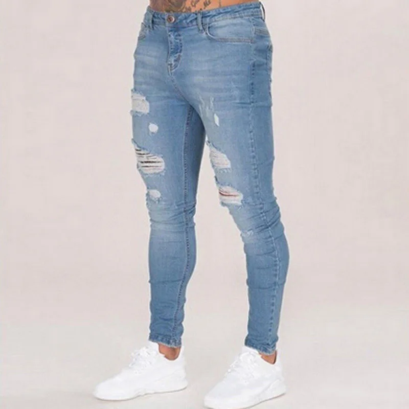 

MJARTORIA Men Solid Color Jeans Fashion Slim Fit Pencil Pants Sexy Close-fitting Casual Hole Ripped Design Shredded Pants