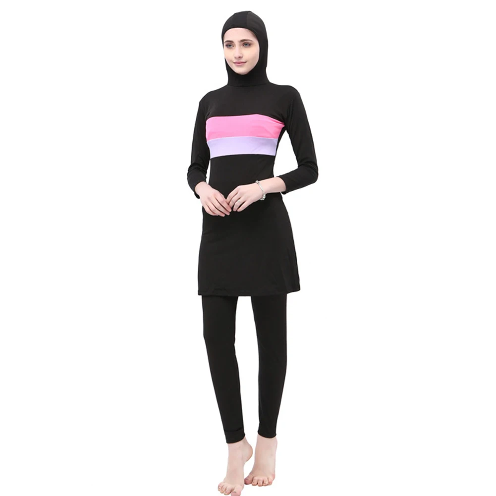 Женский длинный рукав, Мусульманский купальник куртка с контрастным по цвету капюшоном Хиджаб Арабский исламский Плавание Серфинг одежда Буркини купальный костюм плюс размер