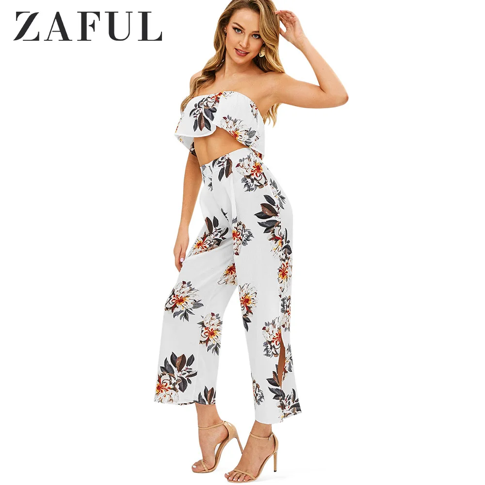 

ZAFUL Floral Strapless Crop Top And Slit Pants Zipper Fly Sleeveless Floral Sets High Wasit Wide Trousers Vintage Women Sets