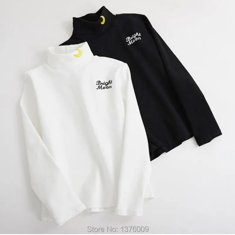 

Ulzzang Women T Shirt 2018 Harajuku Embroidery Moon Vintage High Collar Shirts Mori Girls Slim Tops Tee