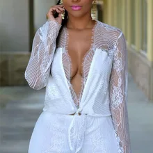 2016 Women Chiffon Jumpsuits Sexy V-neck long sleeve Casual Jumpsuit rompers womens Sexy eyelash lace stitching piece suit